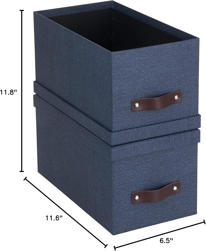 Bigso Silvia Organizational Storage Box with Leather Handle for Shelves and Stacks Easily - Durable and Decorative Storage Boxes with Lids - 5.9 in x 6.5 in x 11.6 in - 2 Pack - Blue
