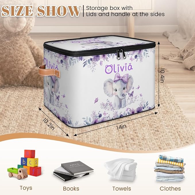 Custom Elephant Storage Bins with Lid Foldable Personalized Storage Basket Boxes with Handle Purple Flowers Shelf Basket Closet Organizer Cube