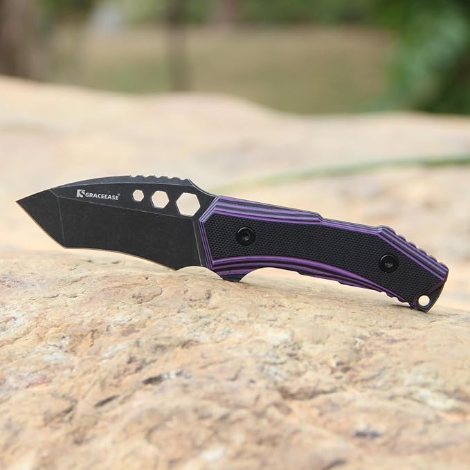 Fixed blade knife anti slip G10 handle with Kydex sheath suitable for outdoor camping and hiking (Purple)