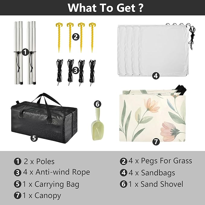 Wildflowers Beach Canopy Sun Shelter with Sandbags &amp Sand Shovel &amp Windproof Ropes - Portable 110x126 Beach Shade Beach Tent for Camping Picnics