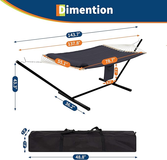 2 Person Hammock Set - Portable 500Lb Capacity for 2 Person w/Steel Frame V Spreader Bar &amp Carry Bag - Freestanding Indoor Outdoor Use (Dark Gray)