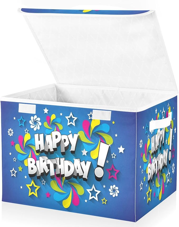 YETTASBIN Happy Birthday Storage Basket with Lid and Handles Large Collapsible Fabric Storage Bins Sturdy Storage Organizer for Shelves Closet Bedroom School Office Home Decor