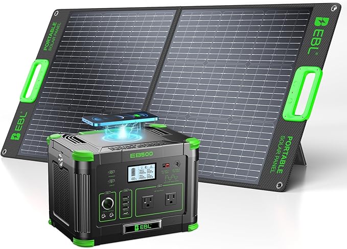 EBL 519Wh Solar Generator Kit 500W(Peak 1000W) Portable Power Station with 100W 20V Solar Panel Backup Battery Power Supply for RV/Van Camping Fishing Climbing Road Trip Home Use
