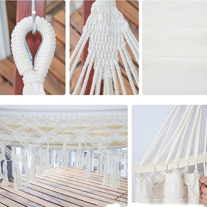 Camping Hammock Brazilian Tassels with Fringe Crochet Cotton Linen Double Hammock for Outdoor Indoor Garden Patio Porch Yard Included Carrying Bag