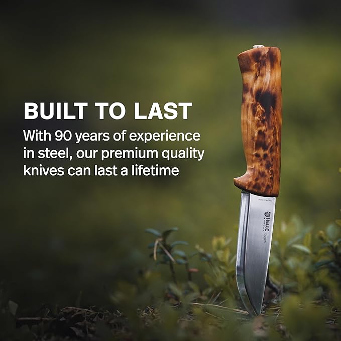 HELLE Knives - Eggen - Triple Laminated Stainless Steel Outdoor Adventure Camping Knife with Sheath Stick Tang Fixed Blade Curly Birch Handle Made in Norway