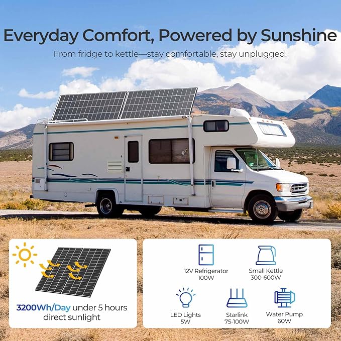 Renogy Solar Panels 640 Watts 18BB N-Type Solar Panel 12 24 Volts Monocrystalline 2PCS 320W On/Off Grid Solar Setup Over 400 Watt Solar Panel 25% Cell Efficiency for Homes Rooftop RV Boat Black