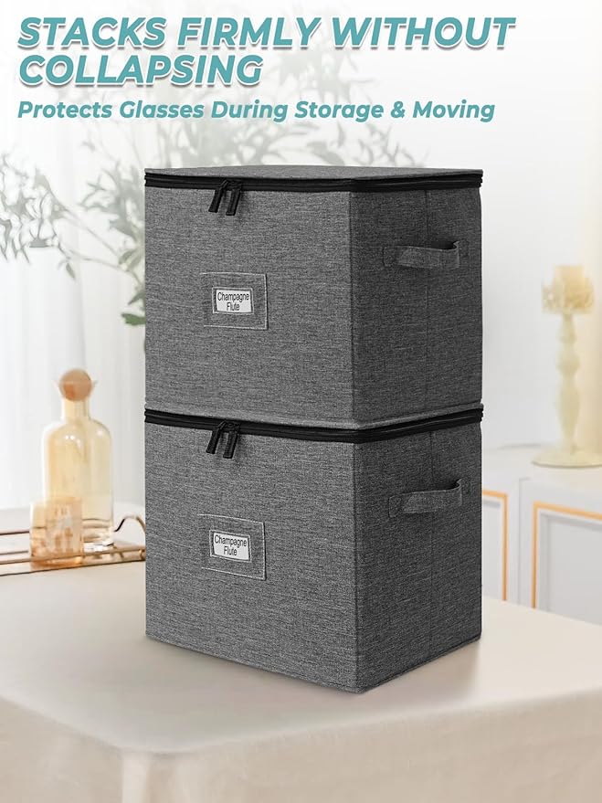 Cirhy 2 Pack Champagne Glass Storage Box Hard-Shell Protection with Dividers Stackable Glassware Organizer for Moving &amp Storage Fits Flutes Stemware &amp Wine Glasses