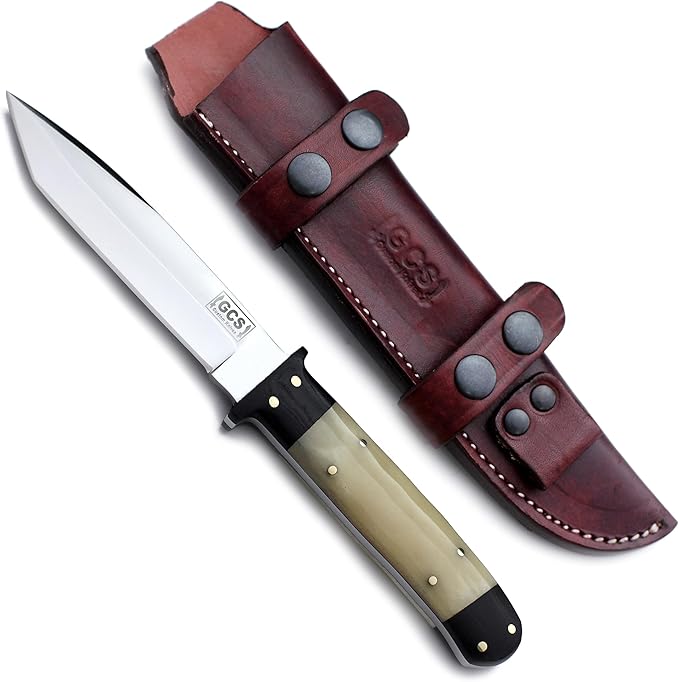 GCS Handmade Bone Handle D2 Tool Steel Tactical knife for Hunting Camping and Bushcraft with leather sheath &amp Full tang blade designed for Hunting &amp EDC GCS 15