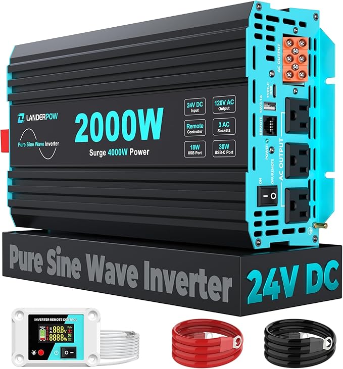 2000 Watt Pure Sine Wave Inverter 24V DC to 120V AC Inverters for RV Truck Solar Home Power Inverter with 3 AC Outlet 30W USB-C 5V 3.1A USB Hardwire Port Remote Control Surge 4000W