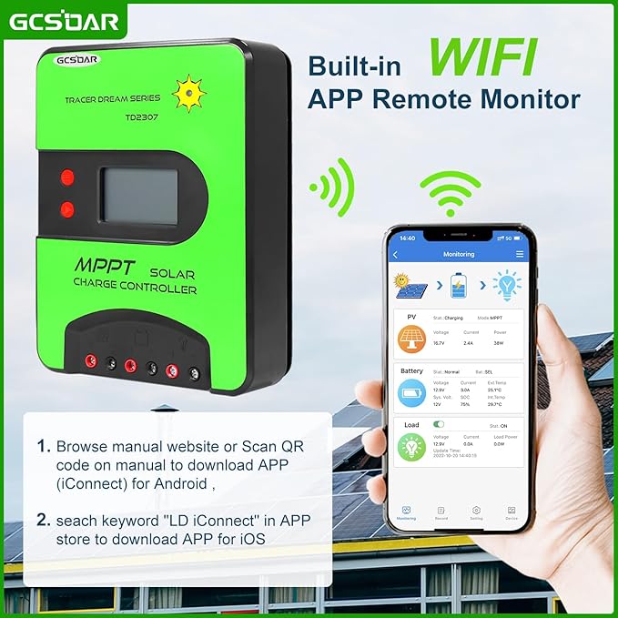 MPPT Solar Charge Controller 20A 12V/24V Built-in WiFi Adapter APP Monitor Parameter Adjustable LCD Display Solar Panel Charger Regulator for Gel Sealed Flooded Lifepo4