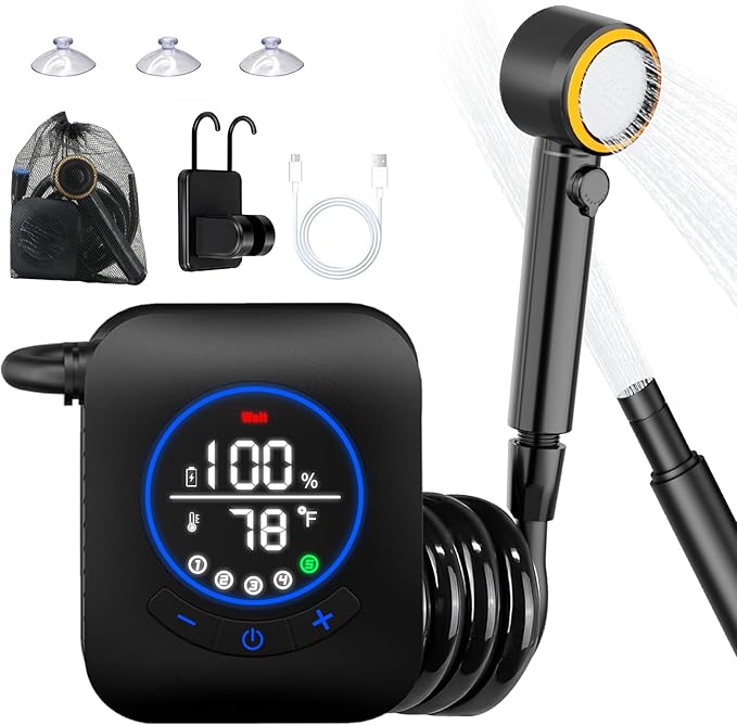 Portable Shower for Camping 8000mAh Rechargeable Camping Shower Pump with 3X Stronger Water Flow 5 Pressure Levels &amp 4 Shower Modes Outdoor Shower with Intelligent LED Display for Hiking Travel