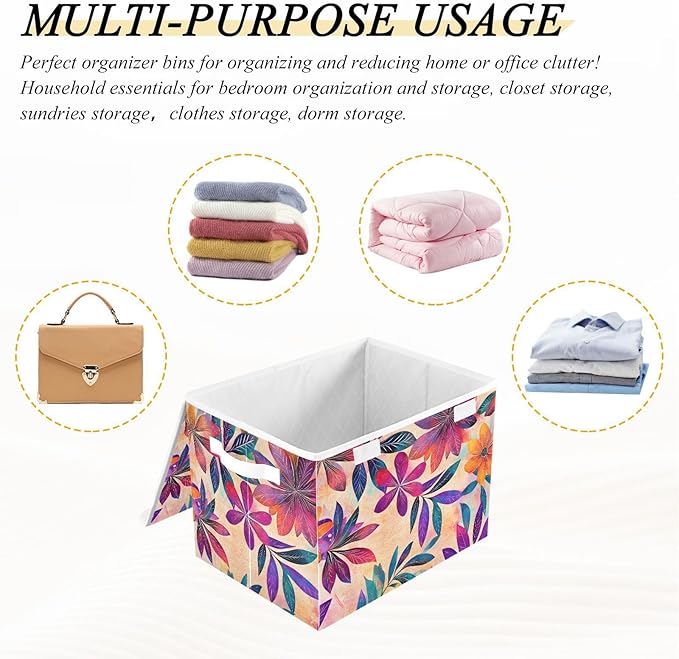 Storage Cube with Lid Pattern Floral Print 16.5×12.6×11.8 IN Collapsible Large Capacity Foldable Storage Basket Bin Organizer