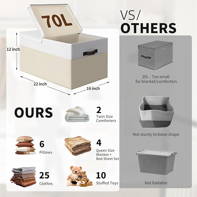 2 Pack EXTRA LARGE Blanket Storage Baskets with Lids 22”x16”x12” Closet Organizers Bins for Clothes Towel/ Toy Storage Box with Lid Handles/ Stackable Decorative Fabric Bins for Living Room Nursery