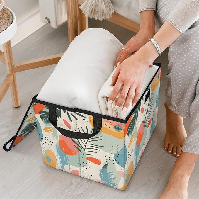 Boho Leaf Storage Bins with Lids Mid Century Foldable Storage Boxes with Carrying Handle Organizer Containers Baskets Cube for Home Bedroom Closet