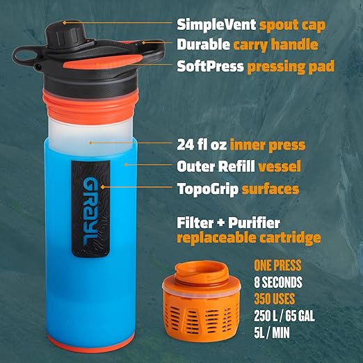 GRAYL GeoPress 24 oz Water Purifier Bottle - Filter for Hiking Camping Survival Travel (Bali Blue)