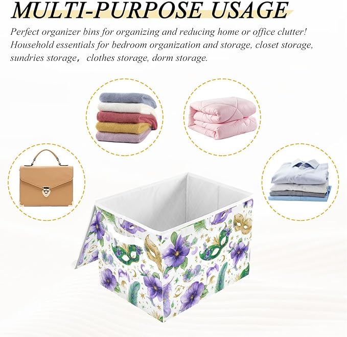 Mardi Gras Masks Flowers White Storage Box with Lid 1 PC Foldable Storage Bin with Lids Stackable Storage Bins Cube Closet Organizer Basket with Flip-Top Lid &amp Handles for Shoes Books Towels