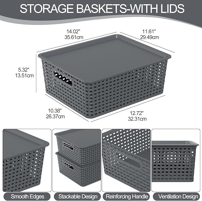 Zopnny 6-Pack Plastic Lidded Storage Shelf Basket Stackable Organizer Baskets with Lid for Desktop Pantry Closet Office (Grey)