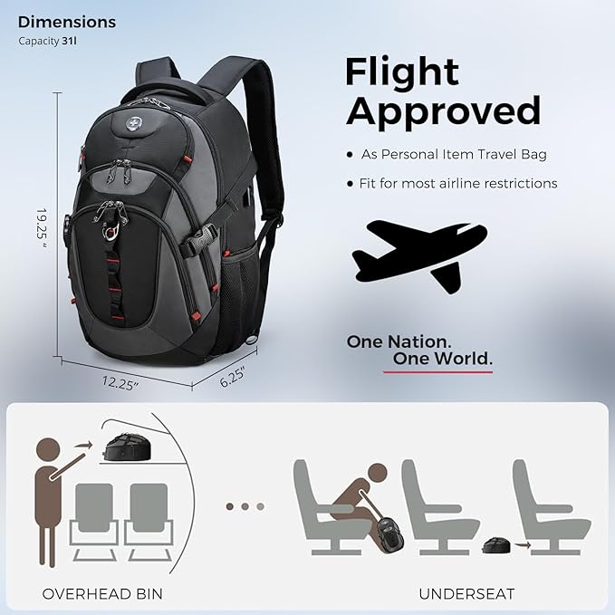 Swissdigital Design Laptop Backpack with USB Charging Port Travel Backpack Fits 15.6 inches Computer 31L College School Backpack for Men Black/Grey | SD803-02