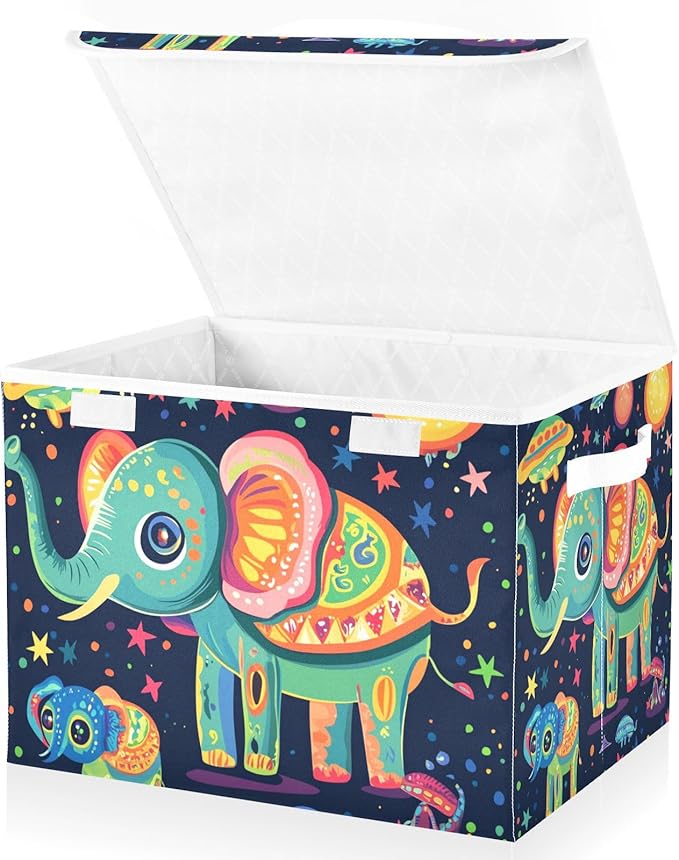 Collapsible Storage Bins with Lids Decorative Fabric Storage Cubes Closet Organizer and Storage Basket Boxes Containers for Clothes Box Chest Nursery Folding Rectangle Elephants Aliens Cartoo
