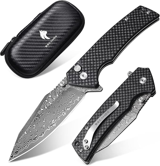Damascus Pocket Knife for Men 3.35 Sharp Damascus Steel Blade Folding Knives Carbon-Faced G10 Handle EDC Knifes for Camping Hiking Collection