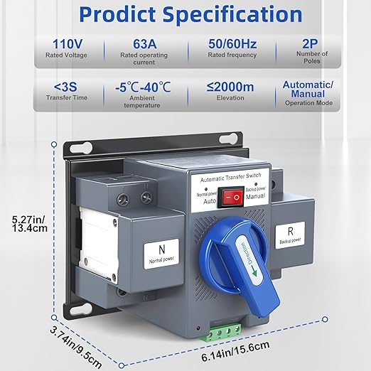 220V 63A Dual Power Automatic Transfer Switch ATS 2P 50/60Hz Generator Changeover Switch