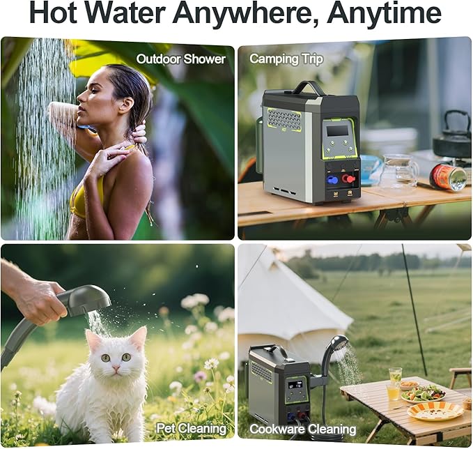 Jocoevol Portable Water Heater Propane Water Heater with Shower Pump Max 100 Mins 3s Instant Hot 20000 BTU 4000mAh Rechargeable Built-in Battery for Outdoor Cleaning Camping Hunting Hiking
