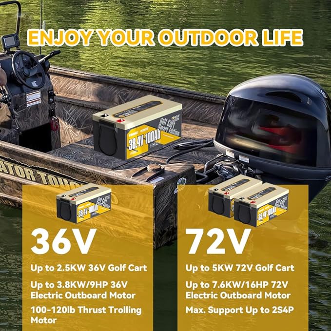 Power Queen LiFePO4 Battery 36V 100Ah Bluetooth Lithium Battery 15000+ Cycles Group 8DLow Temp Protection for 36V-72V Electric Outboard Motors Marine Golf Cart E-Z-GO TXT Off-Grid Home Energy