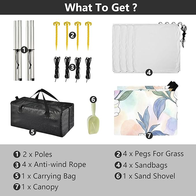 Daisy Beach Canopy Sun Shelter with Sandbags &amp Sand Shovel &amp Windproof Ropes - Portable 110x126 Beach Shade Beach Tent for Camping Picnics
