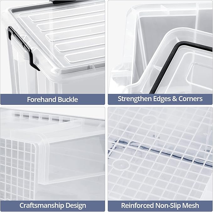 3-Pack Waterproof Plastic Storage Box 90QT/85L Stackable Latch Box Durable Multi-Purpose Locking Bin with Lid and Black Clips for Bedding Toys Shoes and Clothes
