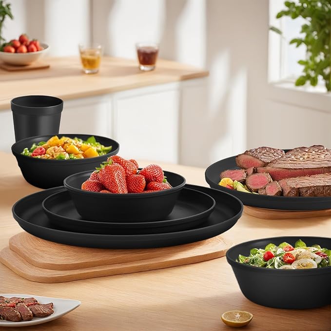 40 Piece Plastic Dinnerware Set for 8 with Cutlery Unbreakable Plates and Bowls Set Dishwasher &amp Microwave Safe Reusable Dish Set for Camping RV Outdoor Kitchen Apartment Dining Black