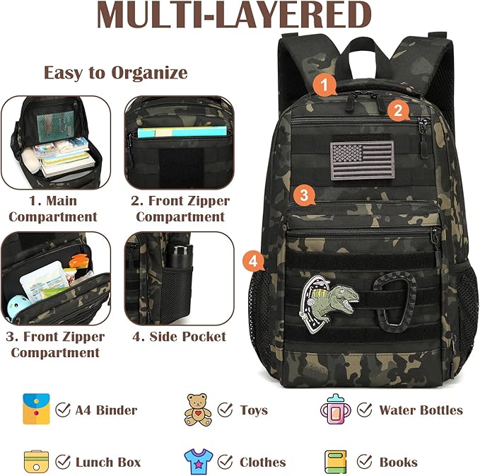 Kids Tactical Backpack Army Molle Bookbag Military Boys Backpack for School Outdoor Camping Black CM