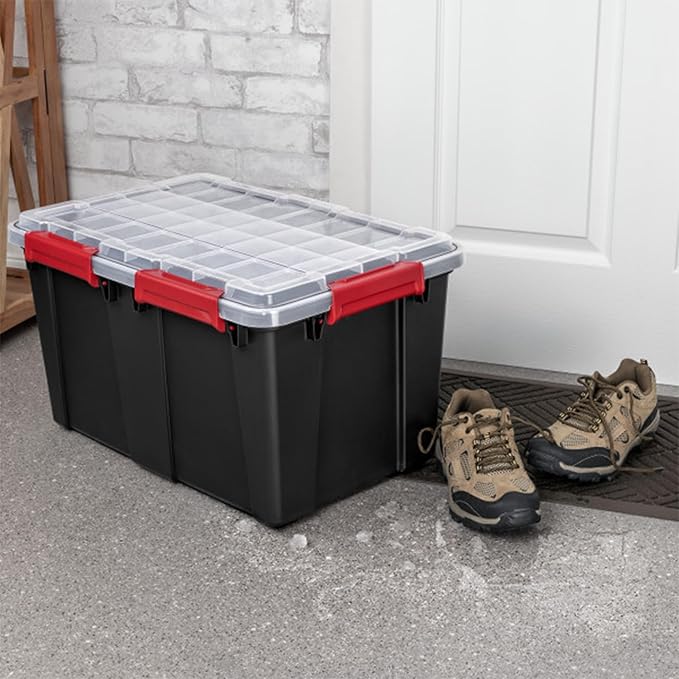 Sterilite 8 Pack Gasket Box Stackable Plastic 13.5 Gallon Storage Container with Lids Black - Waterproof and Dustproof Tote for Home Organization