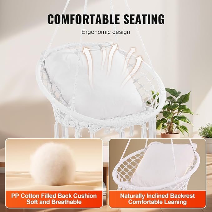 VEVOR Hanging Hammock Swing Chair 330 lbs Capacity Macramé Hanging Chair with Cushion and Mounting Hardware Cotton Rope Swing Chair for Bedroom Balcony Patio Garden White
