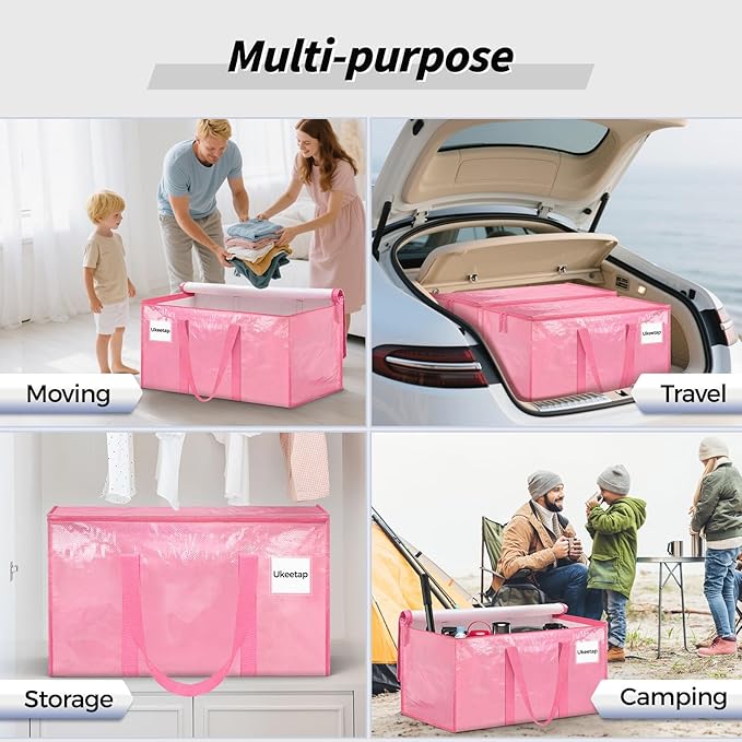 16 Pack Extra Large Heavy Duty Moving Bags Pink Storage Bins with Lids Reinforced Handles &amp Heavy-Duty Zippers Moving Boxes Storage Bags Totes for Clothes Packing Dorms College Supplies Pink