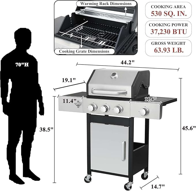 3-Burner Propane Gas BBQ Grill with Side Burner &amp Porcelain-Enameled Cast Iron Grates 37230 BTU Output Stainless Steel Grill for Cooking Kitchen Patio Backyard Barbecue