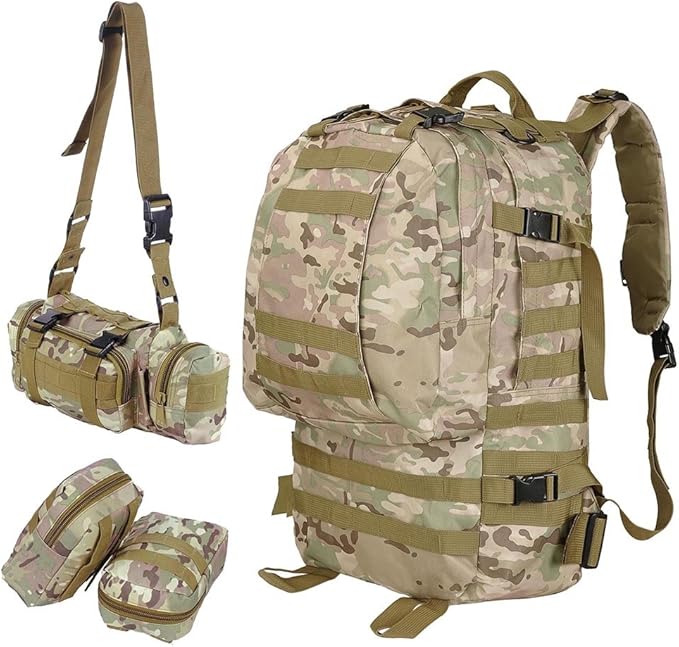 Tactical Backpack 55L with Built-up 3 MOLLE Bags Rucksacks for Travelling