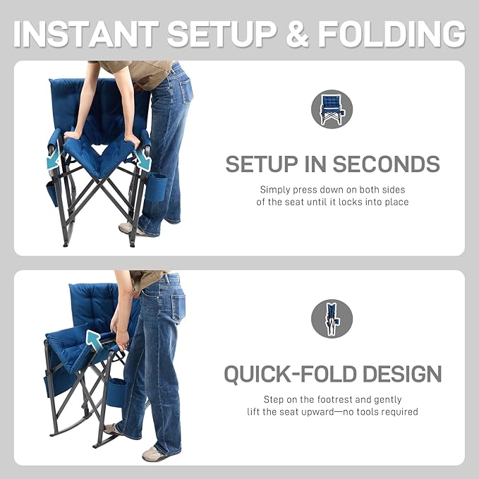 EVER ADVANCED Lightweight Folding Rocking Camping Chair Padded Portable Rocker Chair for Patio Lawn and Outdoors Heavy Duty Hard Armchair for Adults Blue