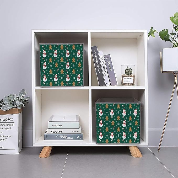 Collapsible Storage Bins with Handles Christmas Gingerbread Snowman Green Foldable Cube Organizer Box for Closet Shelf Toy Storage Space-Saving Home &amp Office Decor