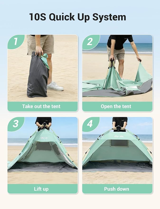 Glymnis Pop Up Beach Tent Sun Shade Shelter for 3-4 Person with UPF 50+ Lightweight &amp Easy Setup Vent Windows &amp Zippered Door Extended Floor Family Instant Beach Tent
