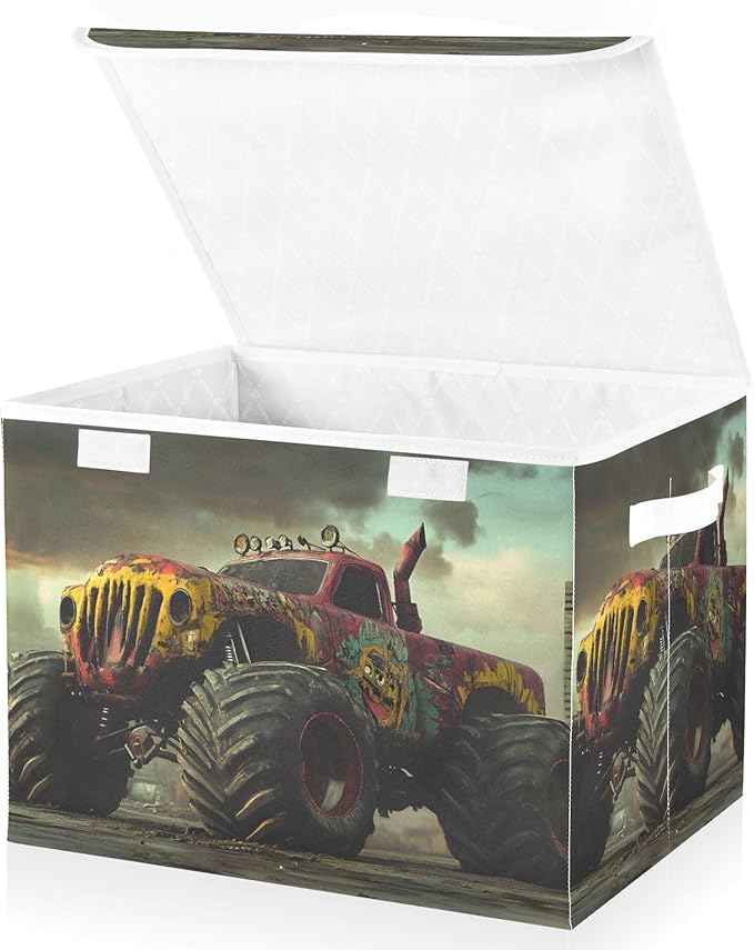 AIXIWAWA Lidded Storage Cube (Retro Monster Truck) Fabric Foldable Closet Bins with Flip Lid and Handles Organizer Basket Container 16.5 x 12.6 x 11.8 IN