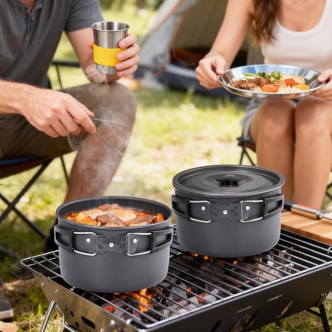 ROVSUN 34/10/6 pcs Camping Cookware Mess Kit Lightweight Non-Stick Camping Cooking Pot and Pan Set with Stainless Steel Camping Gear Kettle Cup for Open Fire Backpacking Outdoor Cooking