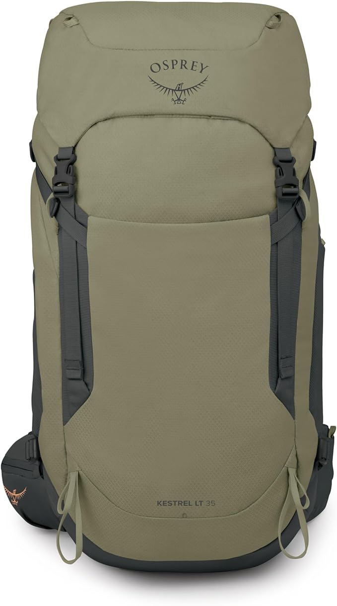 Osprey Kestrel LT 35L Men's Backpacking Backpack - Lightweight Hiking &amp Camping Bag with Waterproof Raincover Olive Tan