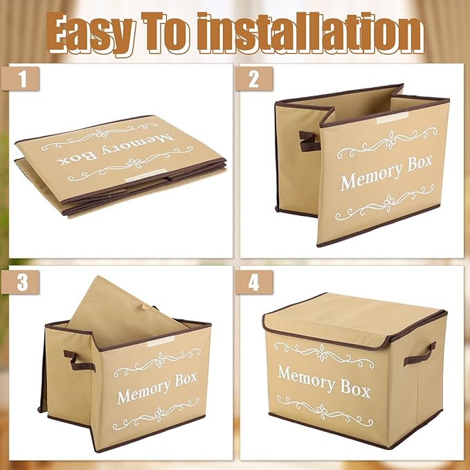 LemonRoad 2Pcs Memory Box Keepsakes for Kid Memory Decorative Storage Box Bin with Lid for Baby Wedding Travel Birthday Anniversary Precious Milestones Gift Loved Ones Treasured 16x12x12''(Linen)