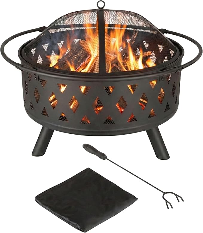Fire Pit - 32-Inch Outdoor Wood Burning Firepit with Screen Poker and Cover - Outdoor Fire Pits for Backyard Deck or Patio by Pure Garden (Black)