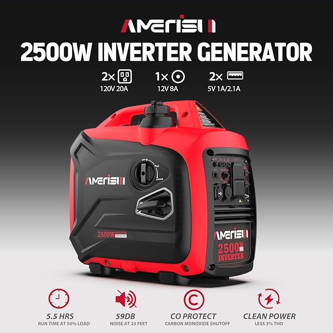 AMERISUN 2500 Watt Portable Inverter Generator with CO Sensor and Quiet Technology for Camping Tailgating (AM5020C)