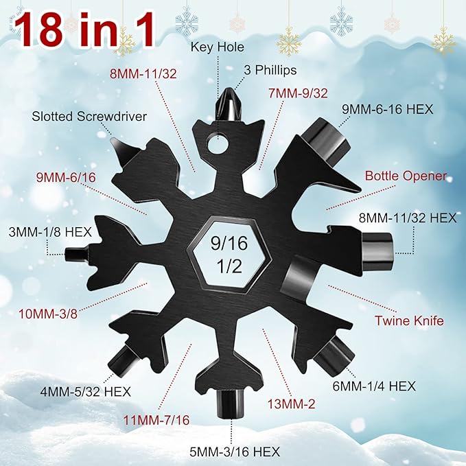 9 Packs Snowflake Multi ToolSnowflake Wrench/Bottle Opener/Screwdriver Kit 18 in 1 Snowflake MultitoolStainless Steel Portable Star Tool for Christmas Great Gifts