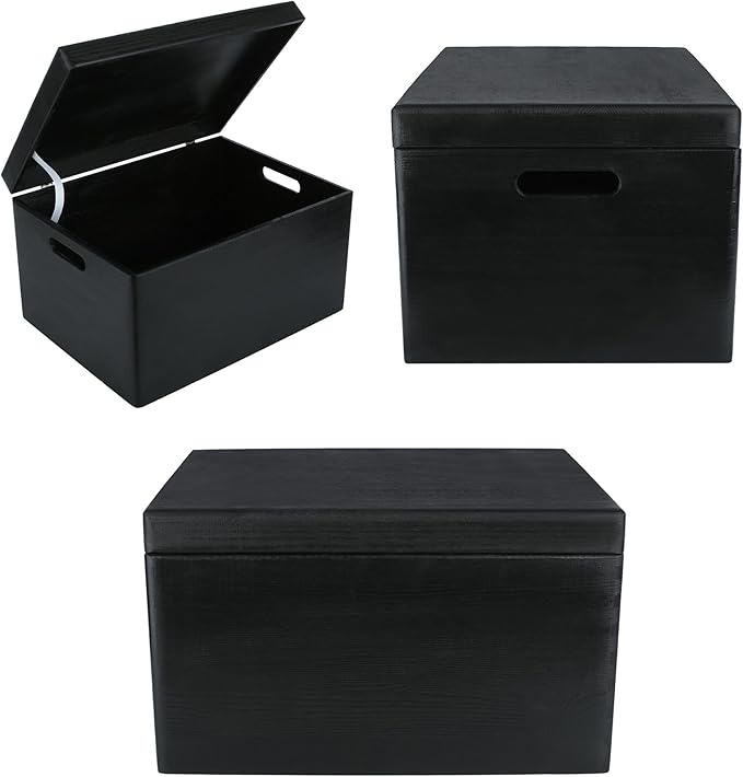 Creative Deco Large Black Wooden Box Storage with Hinged Lid | 15.8x11.8x9.44in (+-0.5) | Keepsake Gift Box Storage Document | Wood Chest Trunk PRODUCT NOT INTENDED FOR 15 YEARS OR BELOW