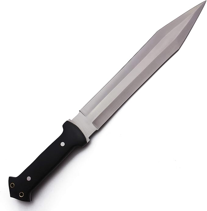 GCS Handmade Survival Hunting Knife and Bowie Black G10 Handle with Brown Leather Right or Left Hand Horizontal Fixed Blade Knife Sheath &amp Sharpening Stone (D2-16.5 Trail Master