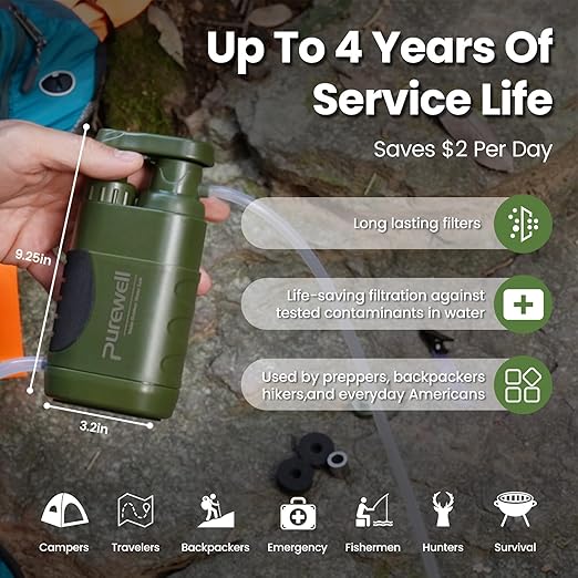 Purewell Water Hand Purifier Pump with Replaceable Carbon 0.01 Micron Water Stages Portable Outdoor Emergency and Survival Gear - Camping Hiking Backpacking(Green)