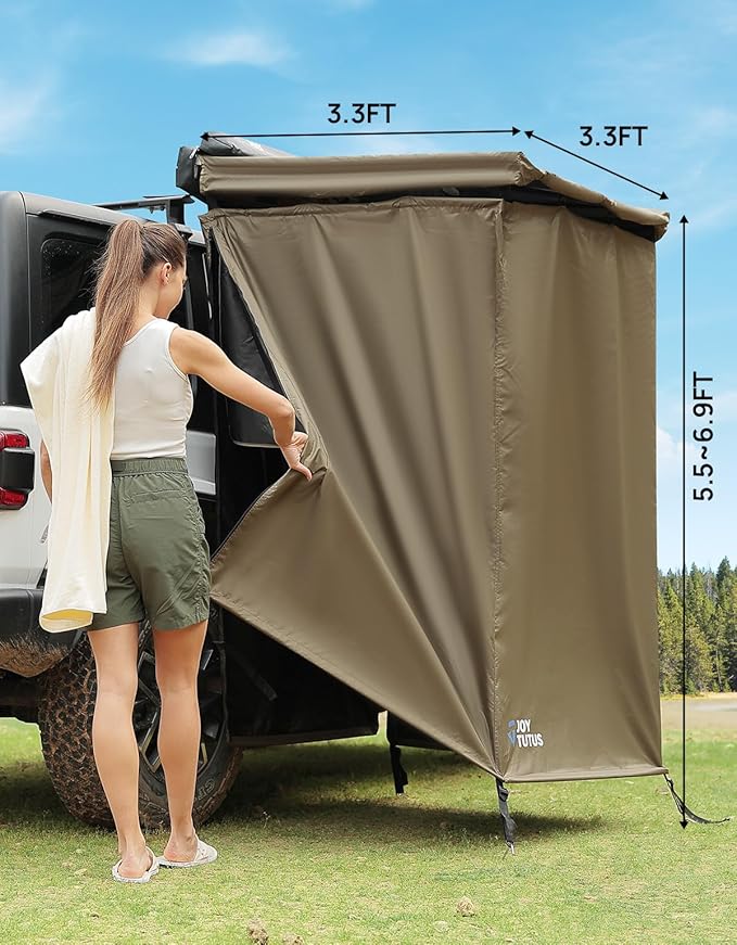JOYTUTUS Shower Tent with Roof for Car Camping Full Privacy Protection Dry and Wet Separation with Pockets 1000D Waterproof Awning Shower Tent Heavy-Duty Stakes Outdoor Shower for Overland SUVs